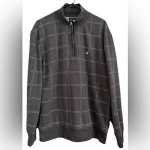 Nautica Mens 1/4 Zip Pullover Sweater Gray Windowpane Plaid Check XL Quarter